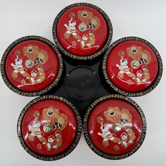Other - Vintage Japanese Lacquerware Osechi Jubako Bowl Set (5-Piece) w/ Lion Design